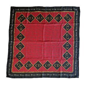 Vintage Christian Dior Silk Scarf – Red & Black Houndstooth with Chain and Logo